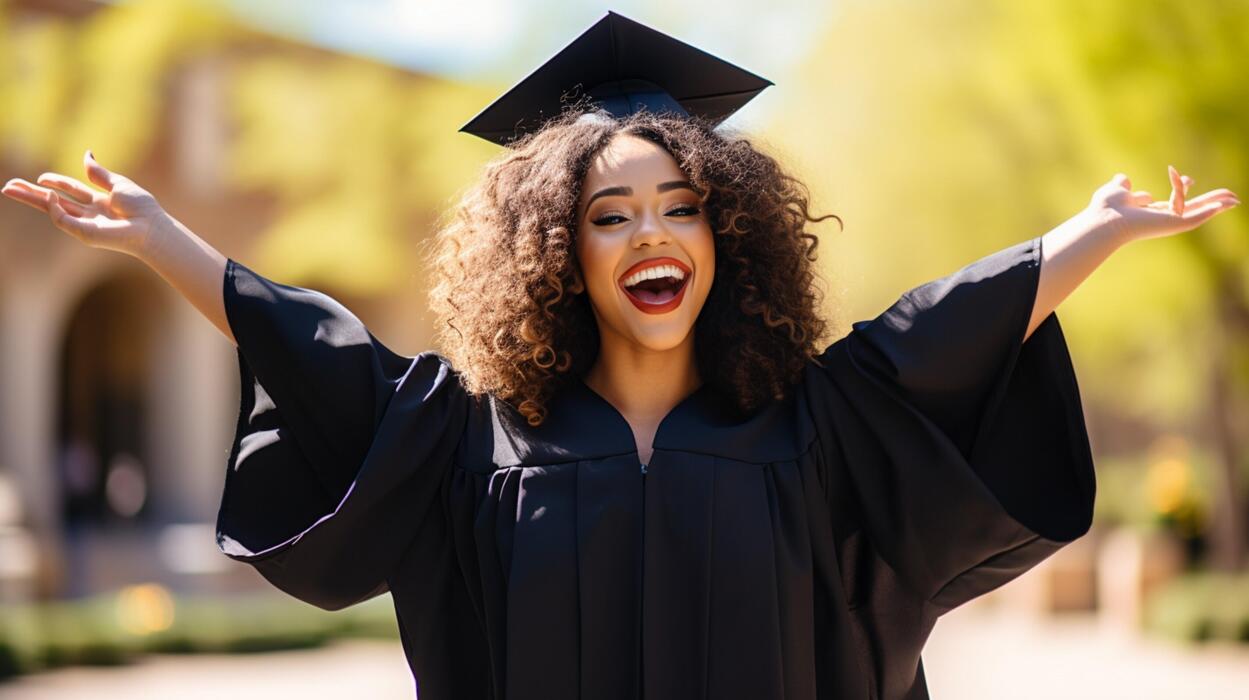 Graduate celebrating in a kente stole
