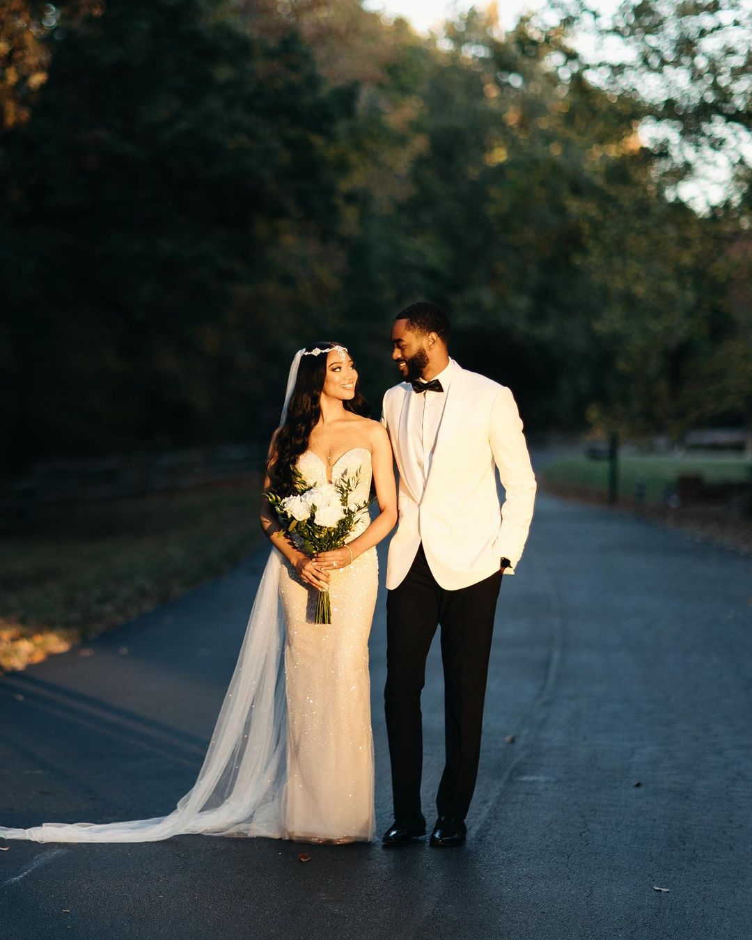 Newlyweds in evening light