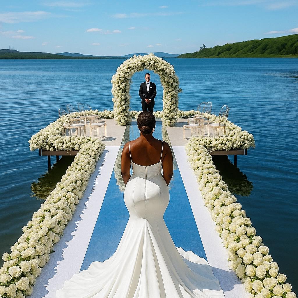 Bride at a flower-lined lakeside aisle